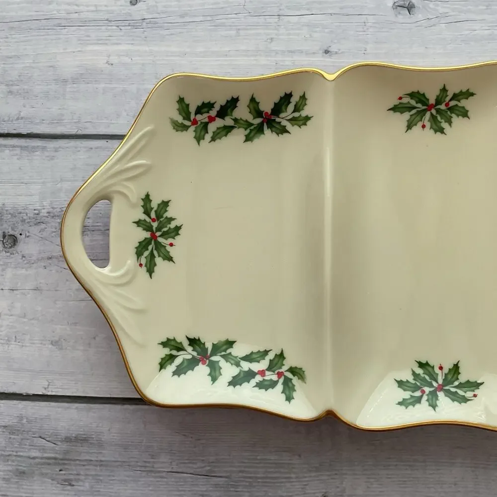 Lenox Holiday Dimension Christmas Relish Tray Divided Rectangular Holly Berries